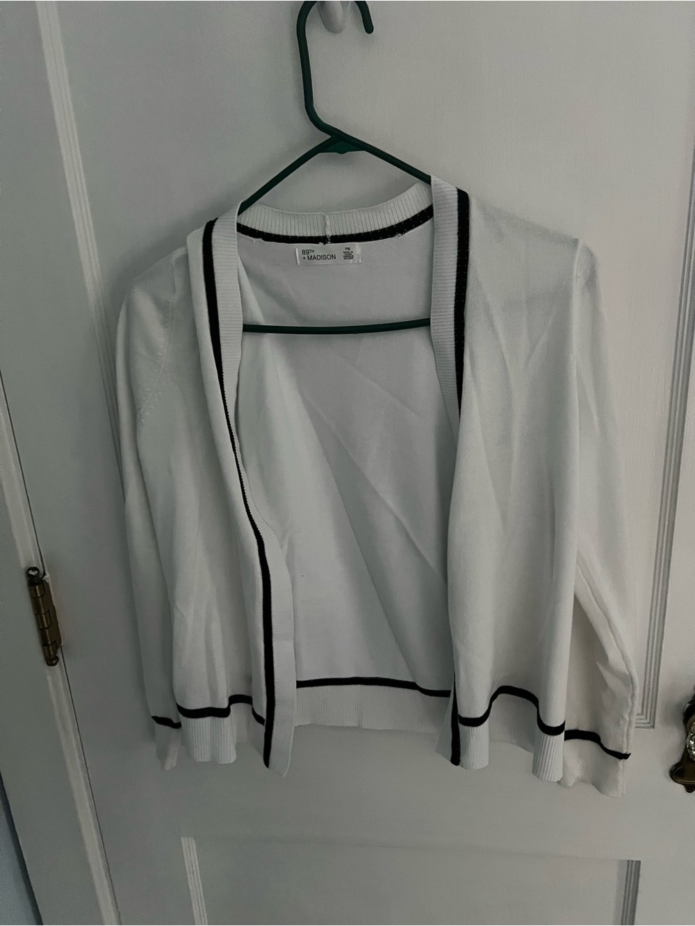 Madison White Open-Front Cardigan with Black Piping